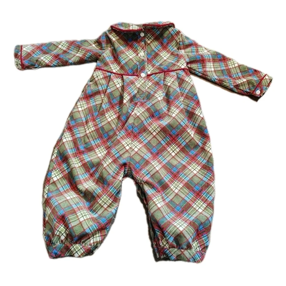Cecil and Lou Girls Plaid Corduroy Romper Peter Pan Collar Red Trim Size 18 Mo - Picture 2 of 7